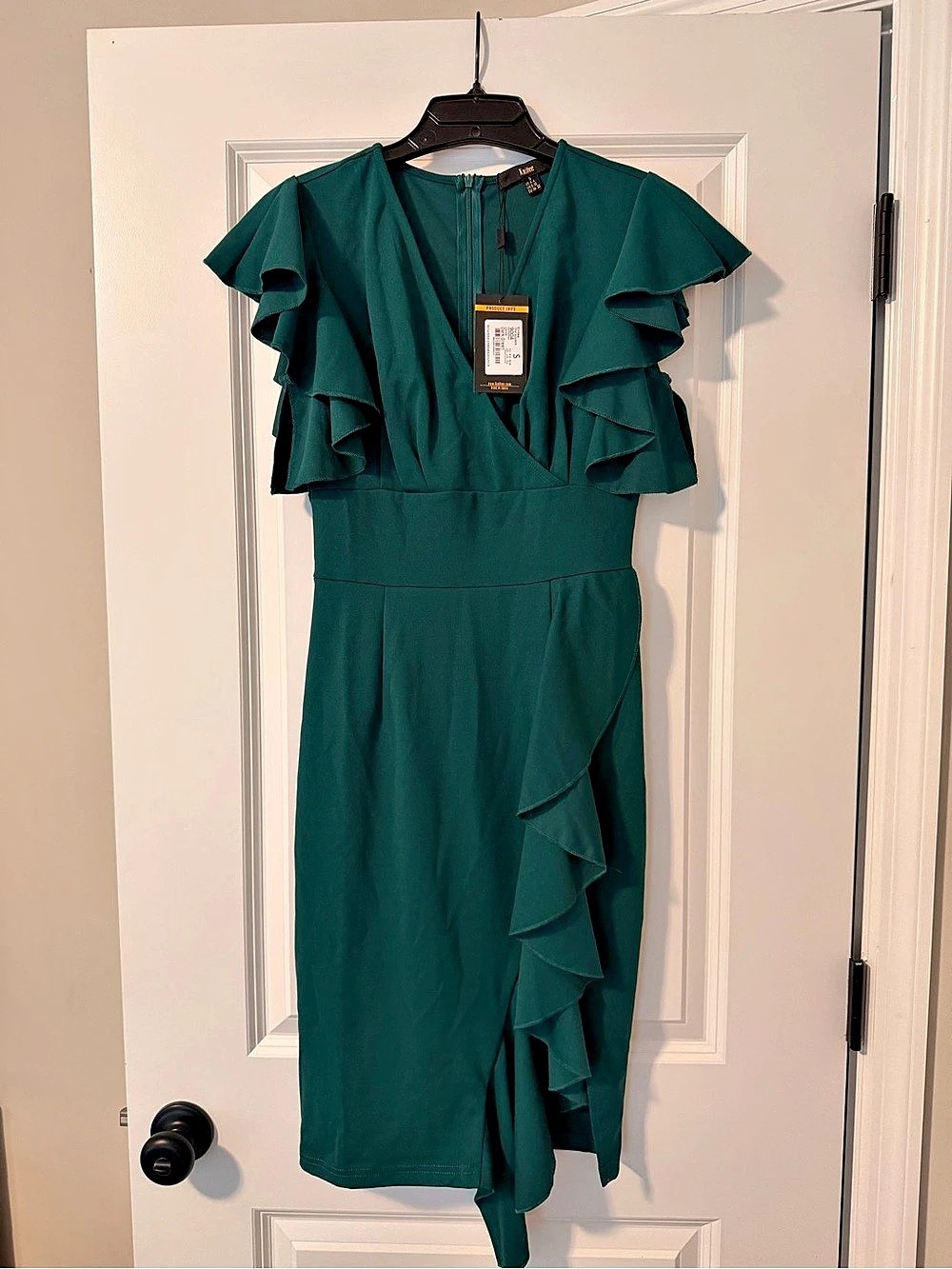 Knitee Deep V Ruffle Sleeve Dark Green Cocktail Dress S NWT